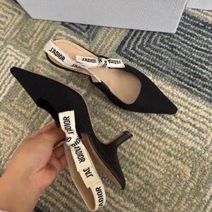 Dior Black Pointed Slingback Kitten Heels with J'Adior Ribbon